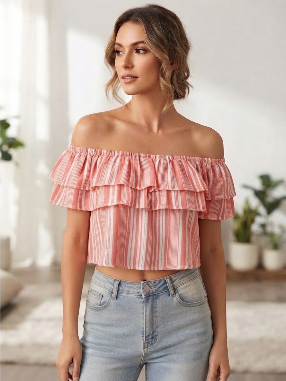Lulu's Coral-Striped Off-Shoulder Ruffle Crop Top